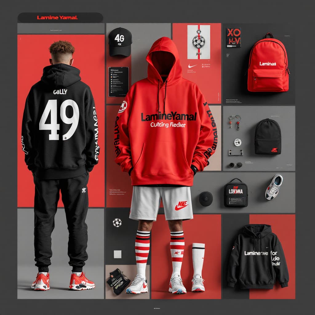 AI generated: moodboard of a new exclusive line of clothing and accessories with Lamine Yamal for boys and girls f...