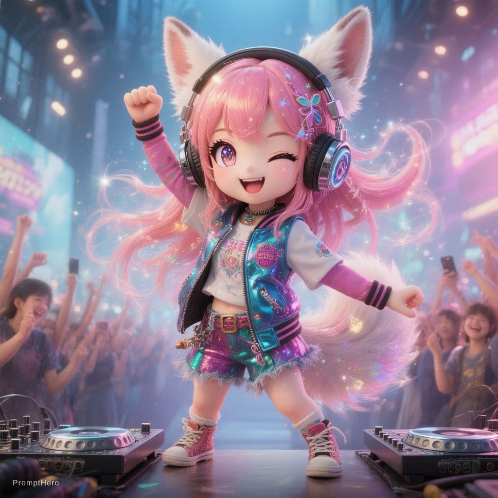 AI generated: No People in the background, white fox, thick tail, cat ears, 20s, DJing, machines are friends, wear...