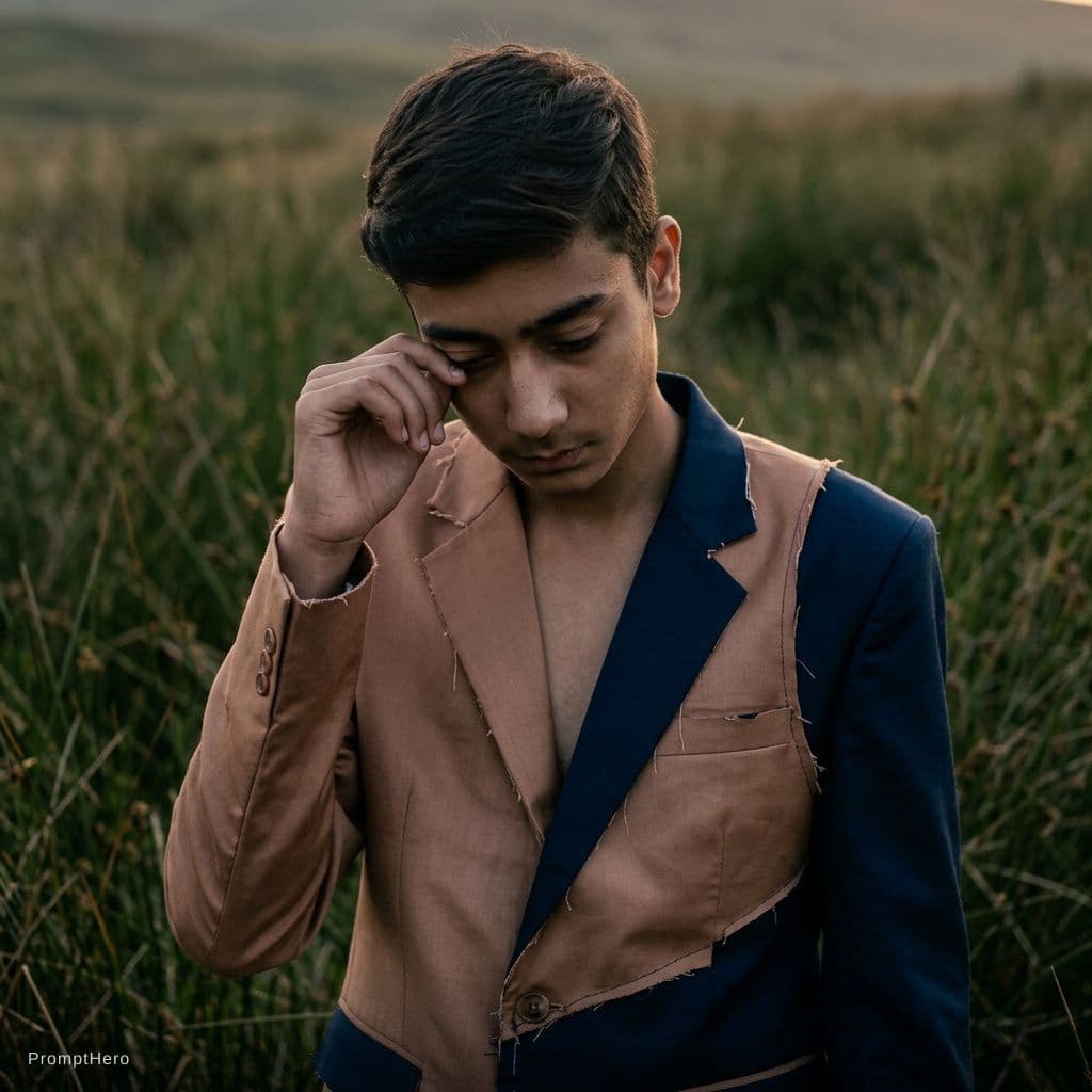 AI generated: a man stands with his head down in some tall grass, in the style of fashion photography, scottish la...