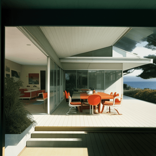 AI generated: Hyper realistic eye level exterior photo of a mid century modern style house overlooking the ocean, ...