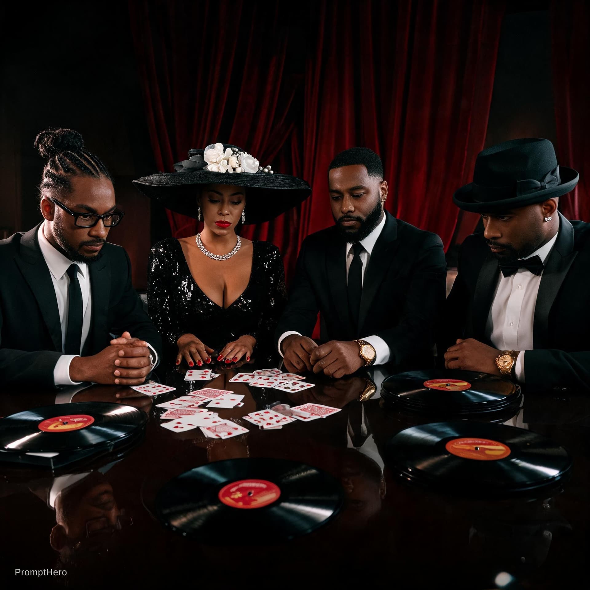 AI generated: Cinematic dramatic portrait of four elegant Black adults playing cards at a polished dark wooden tab...