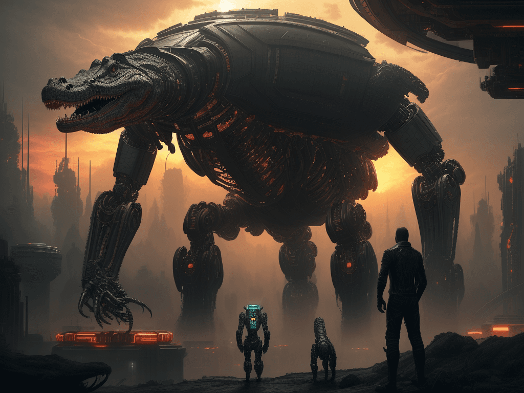 AI generated: crocodile robot standing surrounded by huge sci fi reactor robotic cyborg city with intricate mechan...