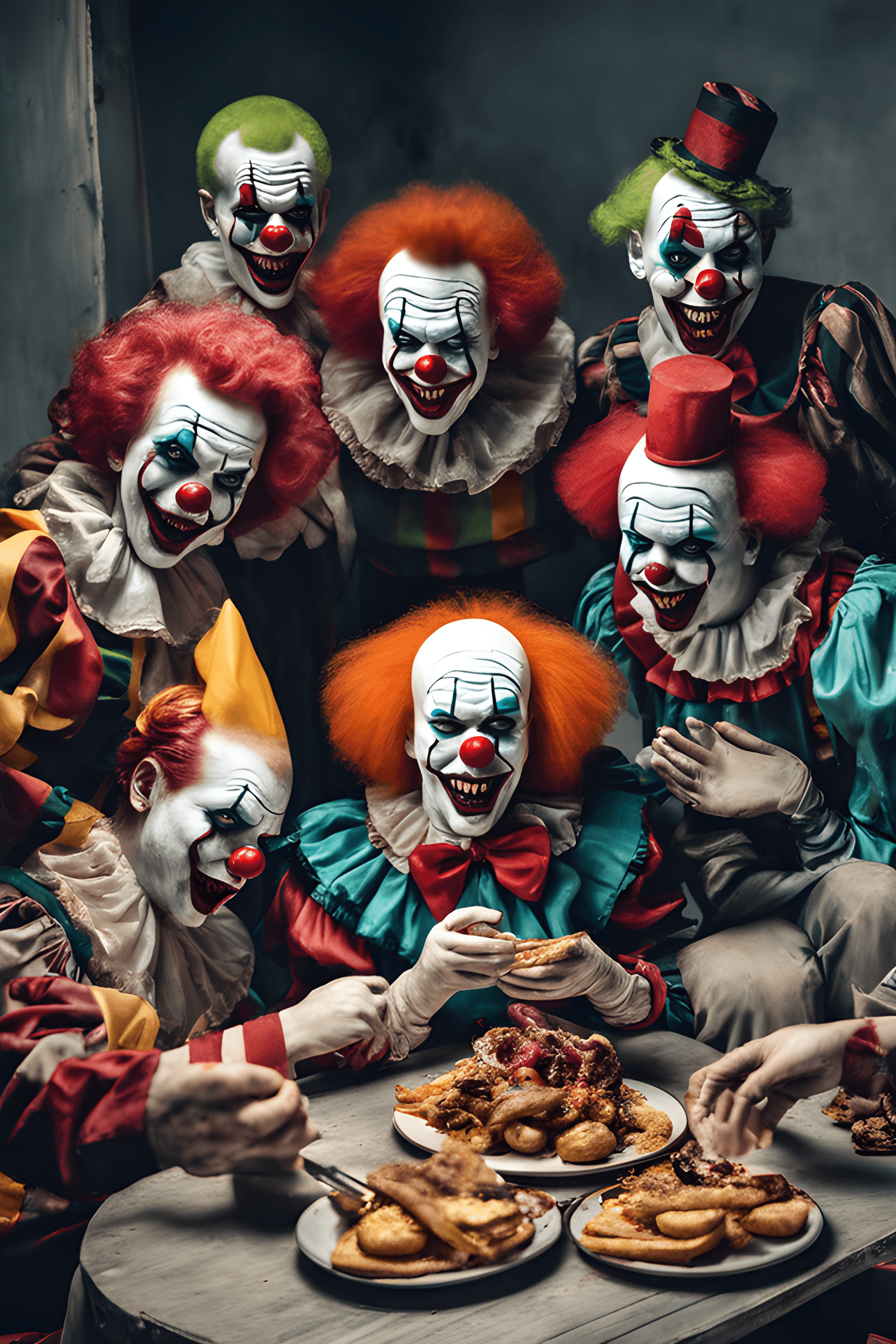 AI generated: A group of creepy Horrorclowns are eating  
