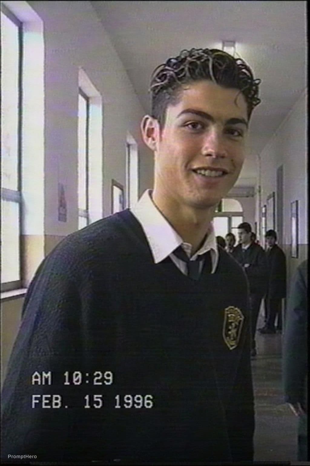 AI generated: Image of Cristiano Ronaldo from a VHS camcorder recorder in a highschool in Feb of 1996. Same grain ...