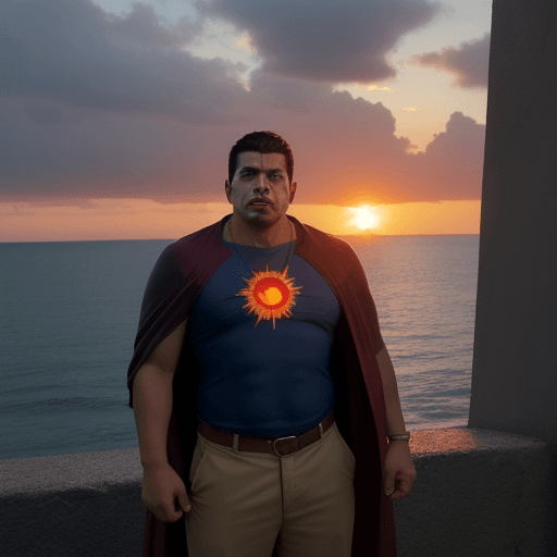 AI generated: A Hispanic man with superpowers watching the sunset with anger who he wants revenge against the sun ...