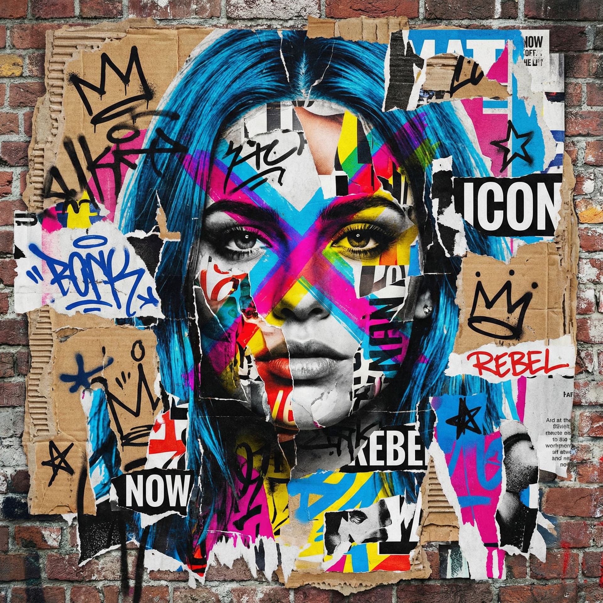 AI generated: woman with blue hair, in the style of multi-layered collages, edgy street art, celebrity-portraits, ...