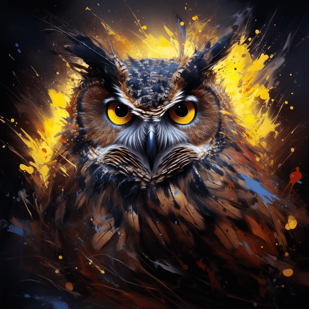 AI generated: an owl in black and yellow paint splatters, in the style of realistic lighting, dark crimson and bro...