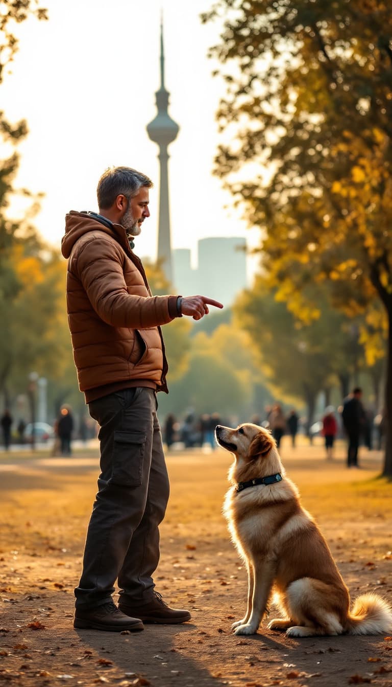 AI generated: A man is commanding his dog to sit in a park in Tehran. He extends his hand with his index finger po...