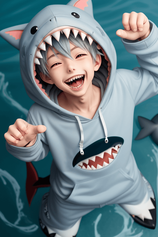 AI generated: 1 boy, anime style, <lora:lucky_star_offset:1> ,shark,cute, kawaii, boy, shark hoodie, light smile,f...