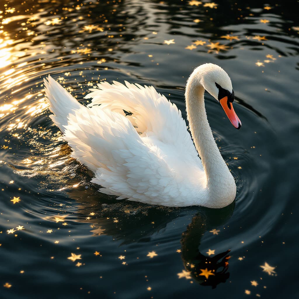 AI generated: Photorealistic extreme wide-angle lens, breathtaking overhead shot of a (White Swan gliding on still...