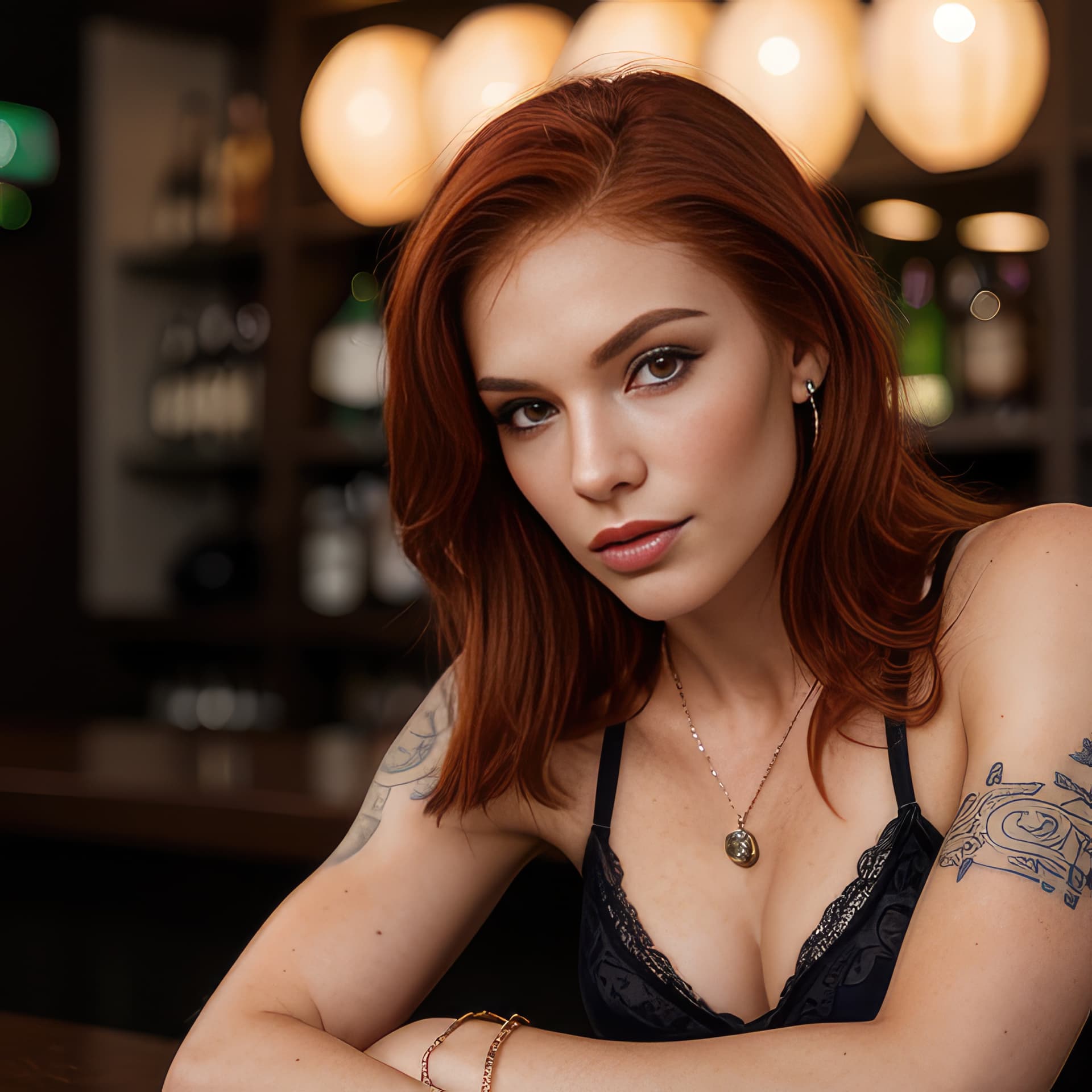 AI generated: professional styled detailed photo of a beautiful REDHEAD girl with heavy makeup and jewelry and ton...