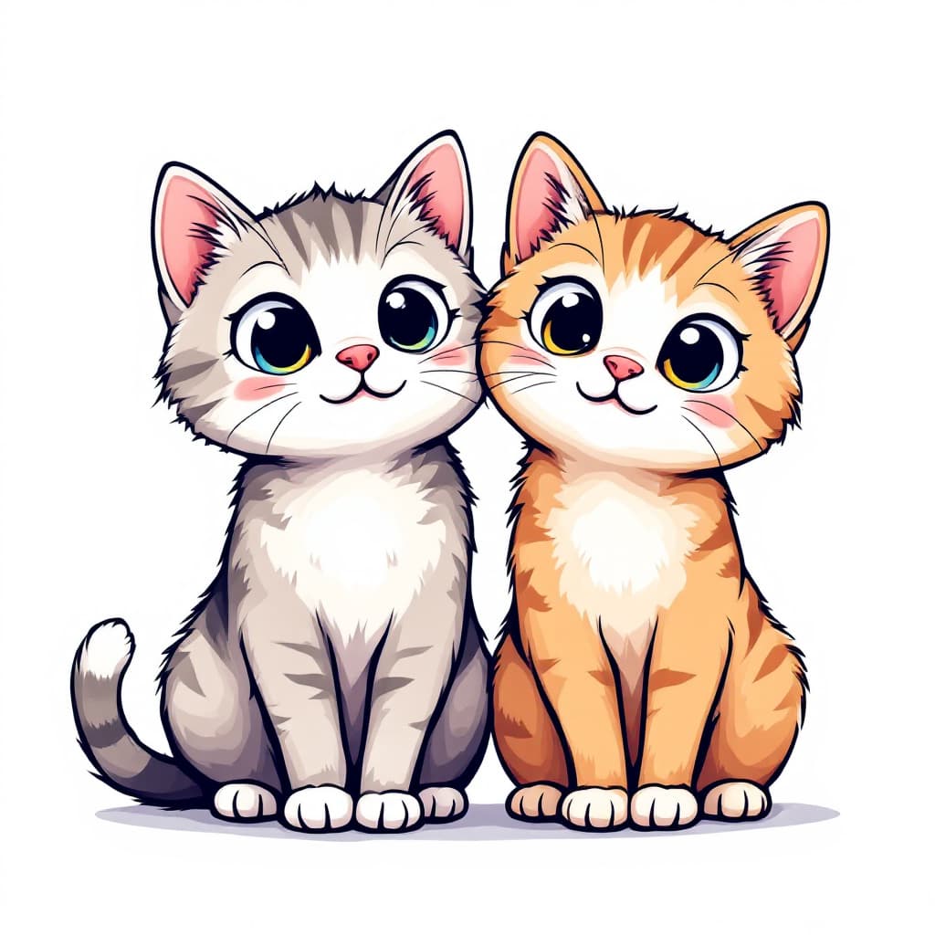 AI generated: "Cute and playful cartoon cats, two in number, sitting side by side with big, expressive eyes. Rende...