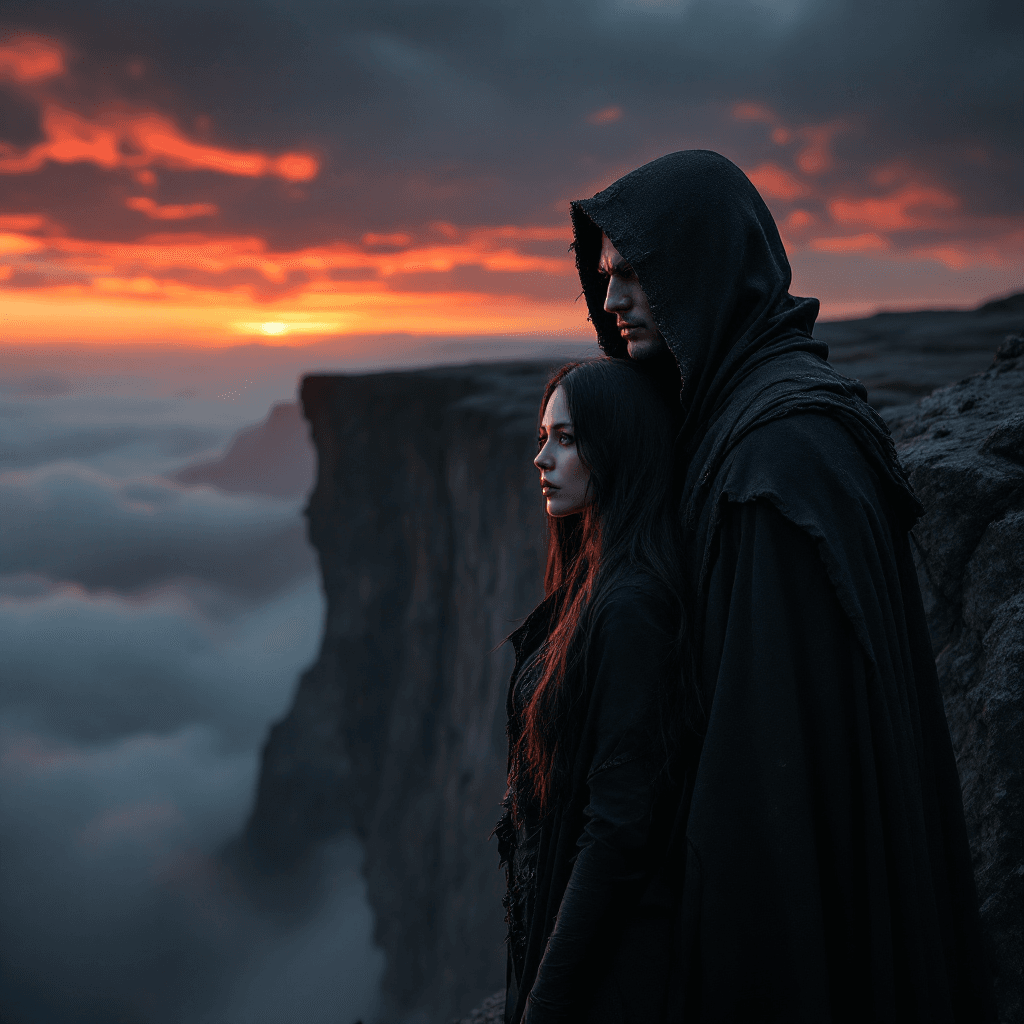 AI generated: A brooding young pyrokinetic mage stands at the precipice of a jagged obsidian cliff, his weathered ...