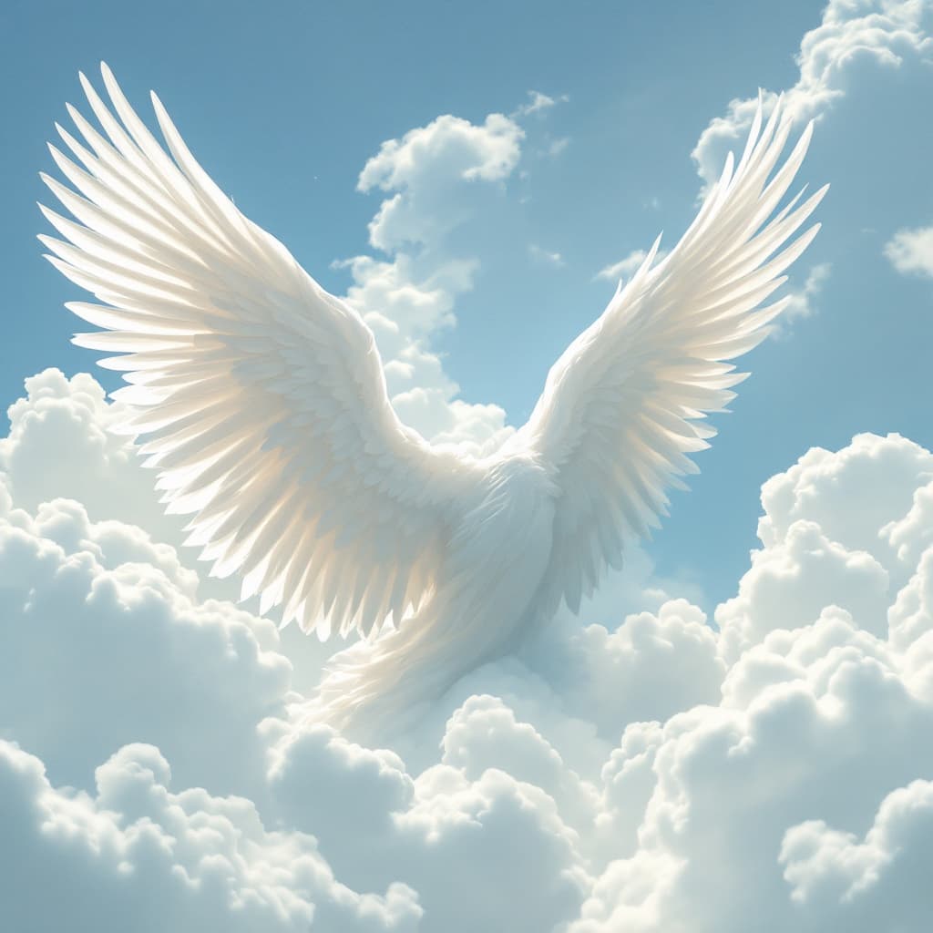 AI generated: Delicate bright white Angel wings in the clouds, no shadows, male masculine  angel, blue sky --ar 3:...