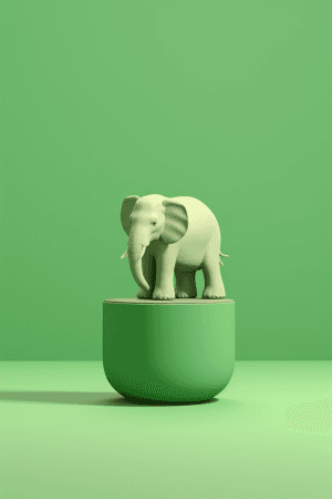 AI generated: A 3D ceramic elephant balancing on a tiny stool, showing great agility with a delicate, spotlight, P...
