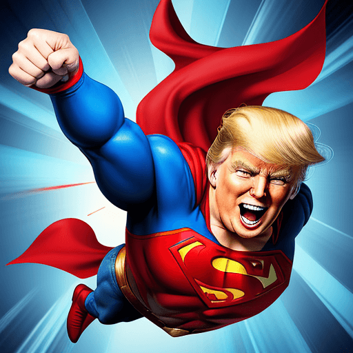 AI generated:  Donald Trump superman smiling  flying fist out
