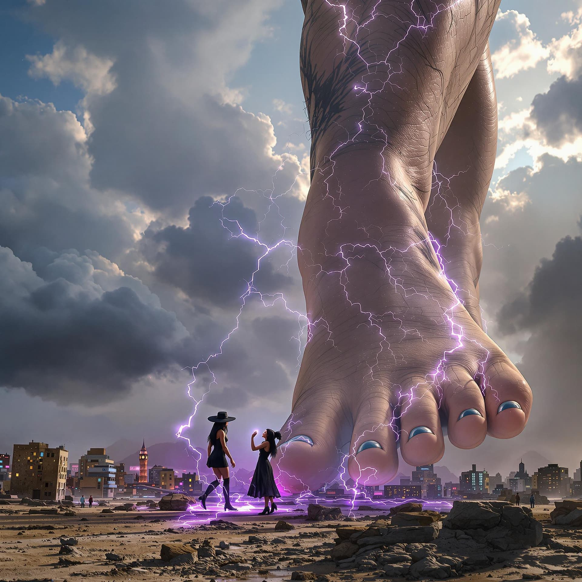 AI generated: 5 toes on foot, enormous giantess female Rhea Ripley from WWE with black medium length hair and stra...