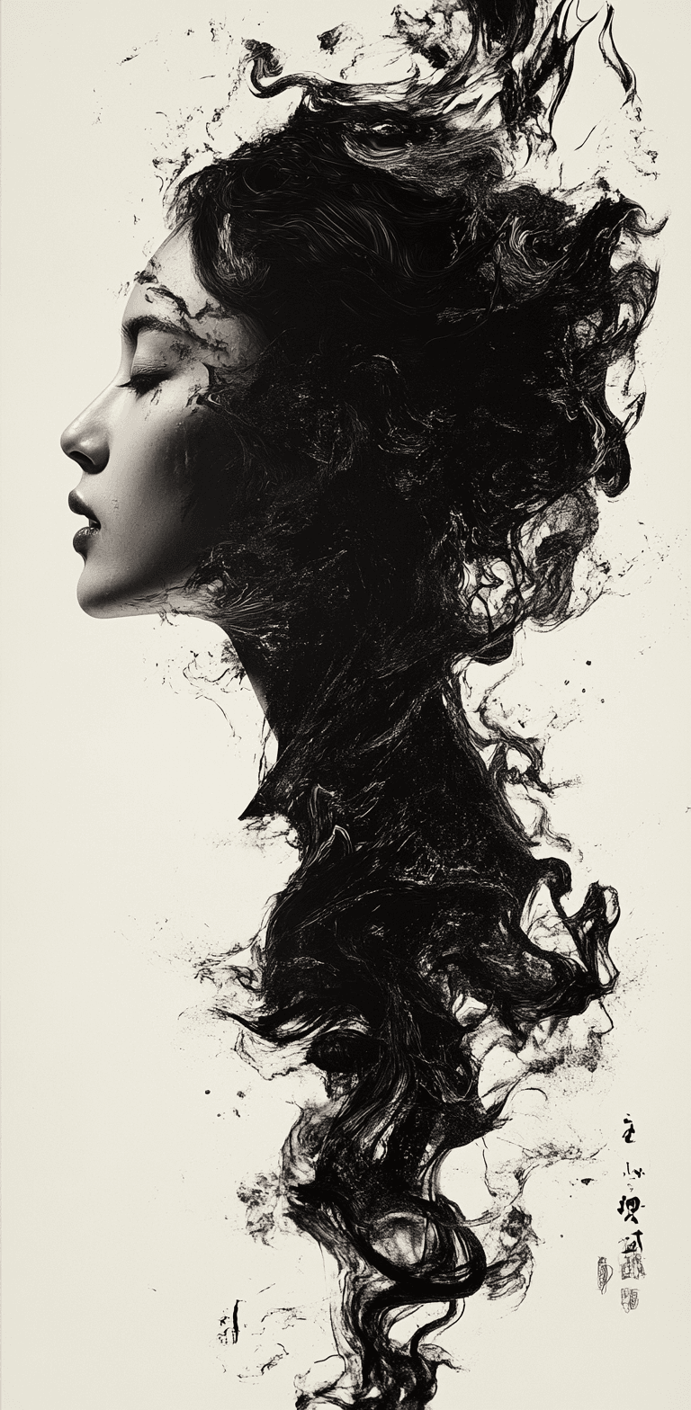 AI generated: A holographic, black and white profile portrait with Chinese calligraphy-style characters on the hea...