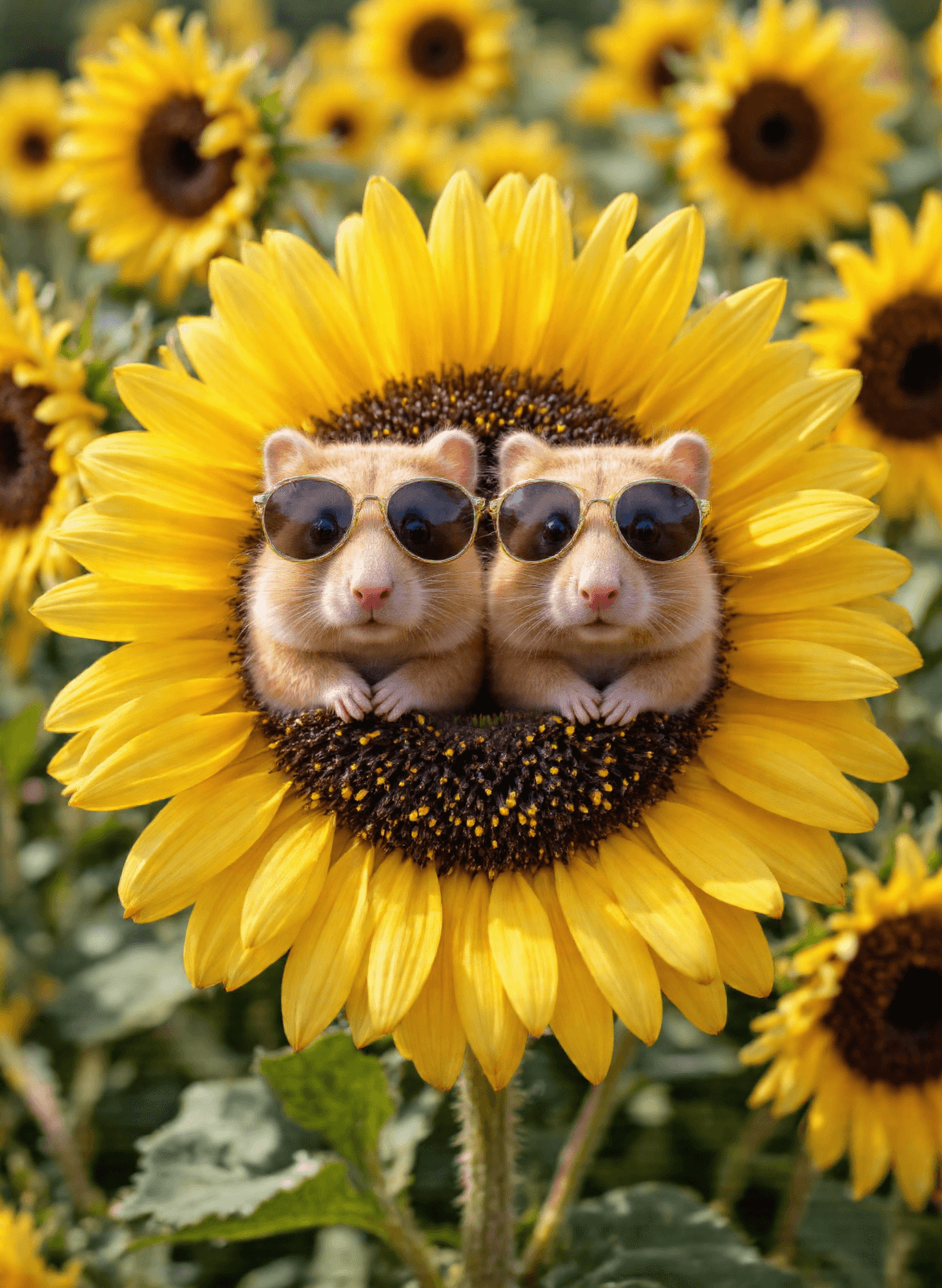 AI generated: The image features two animated hamsters sitting side by side on the center of a large sunflower. Bo...