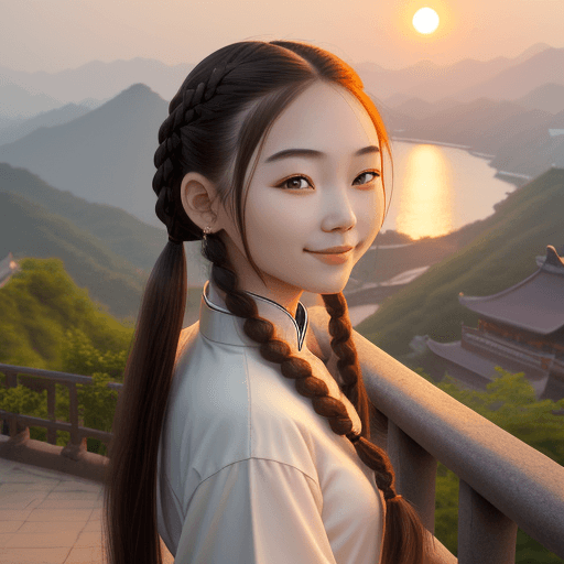 AI generated: china girl,outdoors, 20 years old, sunset, beautiful scenery, perfect face, two braided hair, long b...