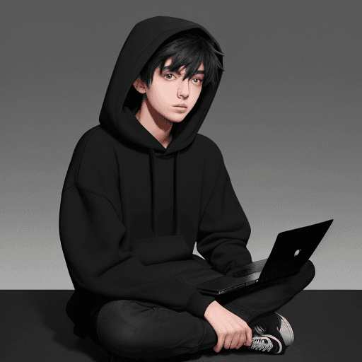 AI generated: A 21 year old chilled Developer with black background wearing a black hoodie sitting with his grey c...