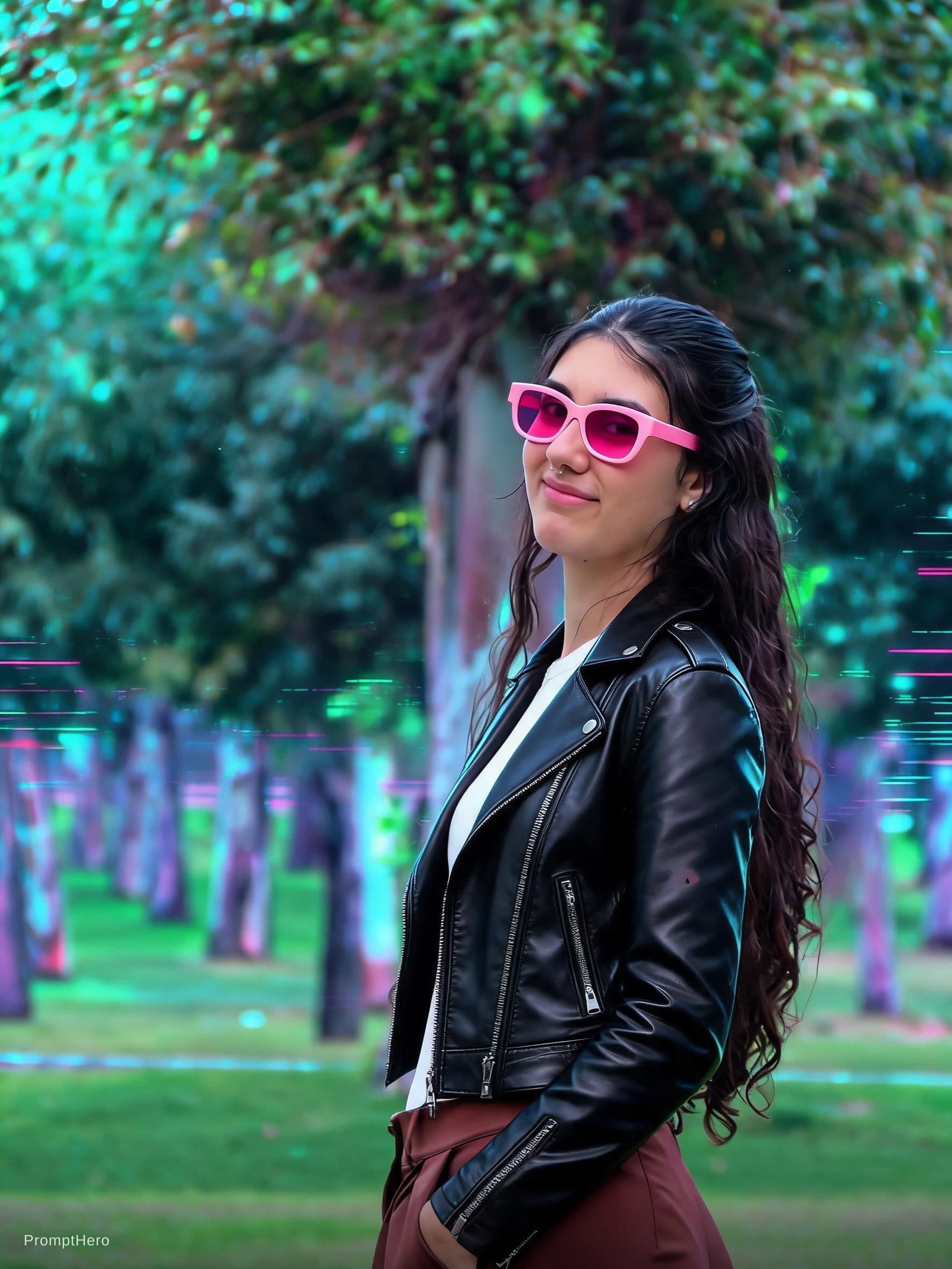 AI generated: a woman in a leather jacket and pink sunglasses, cyberpunk art by Jan Tengnagel, featured on cg soci...