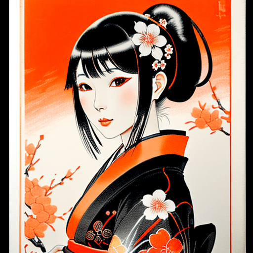 AI generated: black ,red and white Japanese iridescent foil  ink drawing, beautiful Japanese woman in a tradition ...