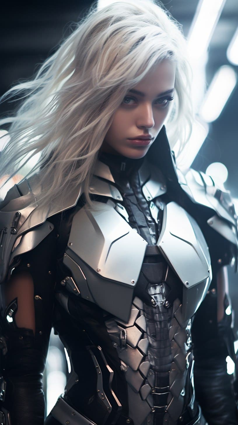 AI generated: a close up of a person in a costume, female cyberpunk anime girl, a sexy blonde warrior, nekro borja...