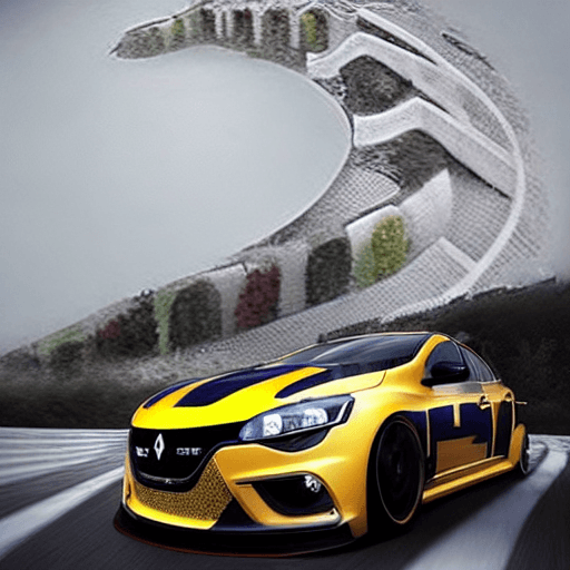 AI generated: Create an image showcasing a fusion of the Renault Megane RS Trophy and the Mitsubishi Lancer Evolut...