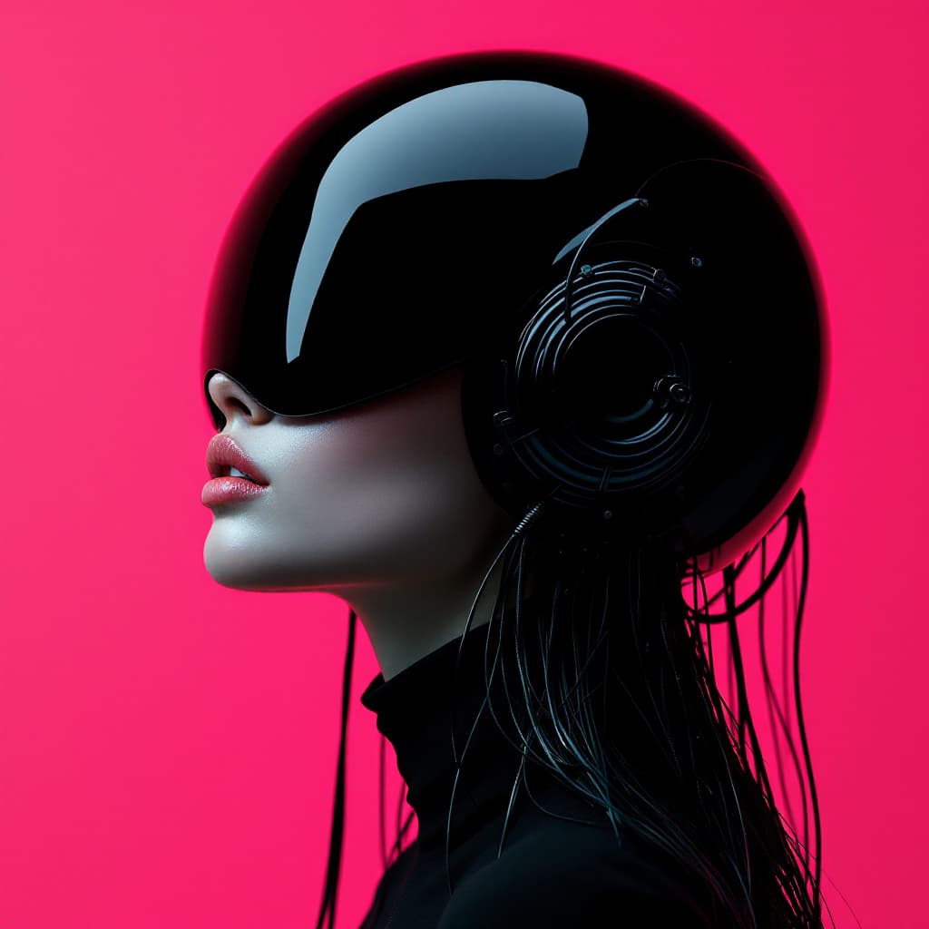 AI generated: photography, portrait of contrast, profile silhouette of a woman. She wears a sleek, glossy black he...
