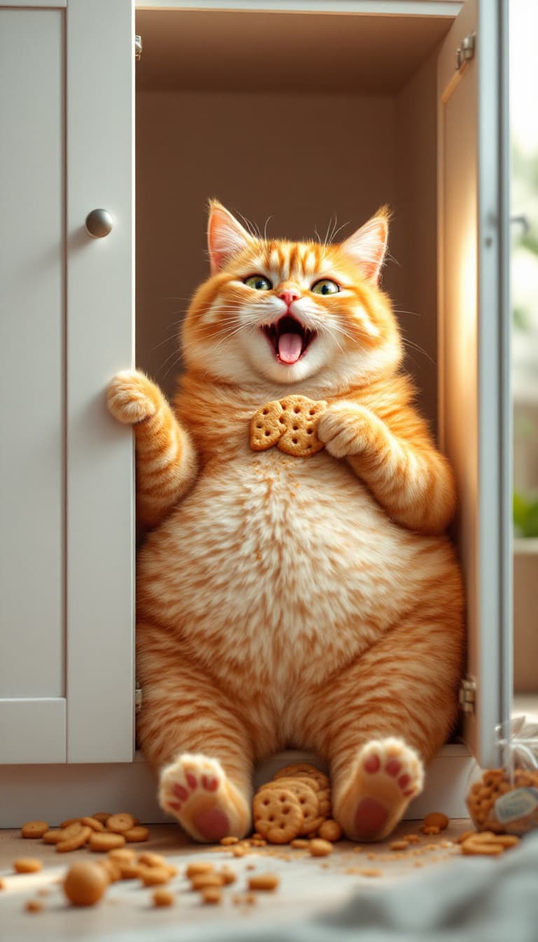 AI generated: An anthropomorphic fat short-haired orange cat sits in a white cabinet, leaning on a pile of open sn...