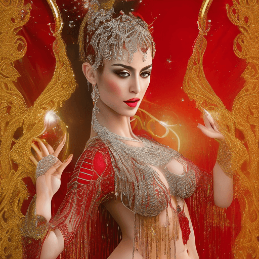 AI generated: a high-resolution portrait of a beautiful 25 year old belly dancer wearing exquisite flowing red sil...