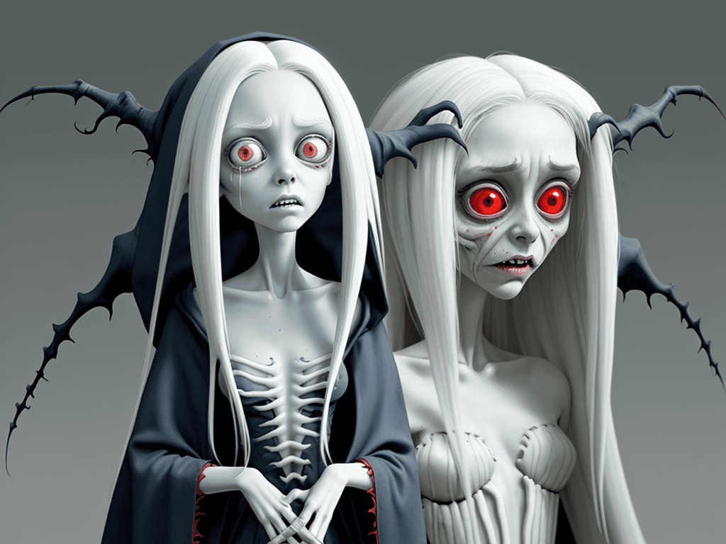 AI generated: Banshee spirit, crying and screaming girl, big head, skinny body, very big eyes, white hair, red cir...