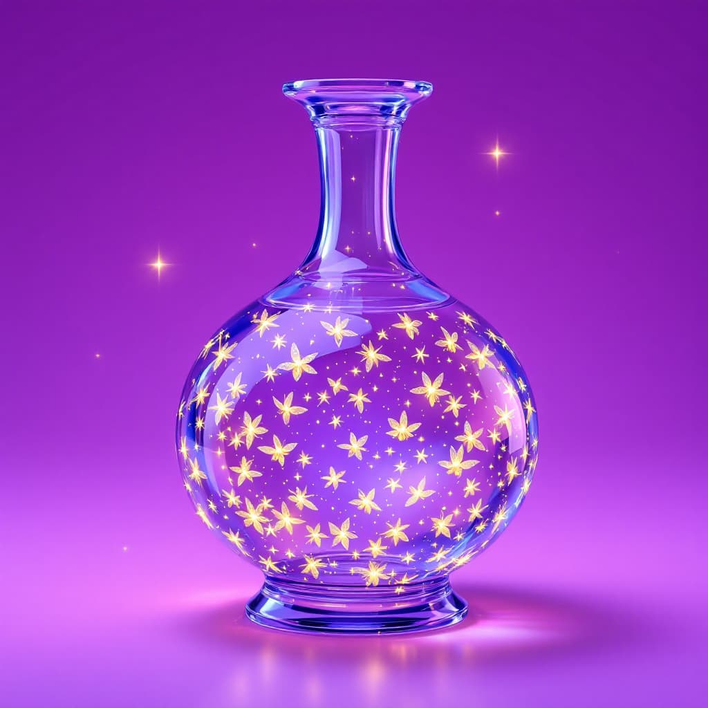 AI generated: a wide based decanter  made of crystal , that has a swarm of fireflies in it