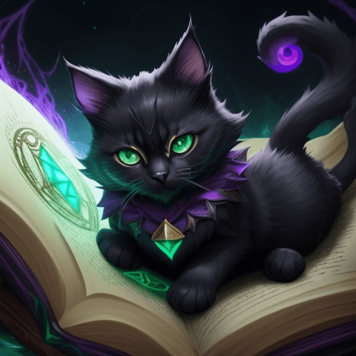 AI generated: League of Legends, magical Yuumi cat basking playfully on top of a large, open, floating spell book,...