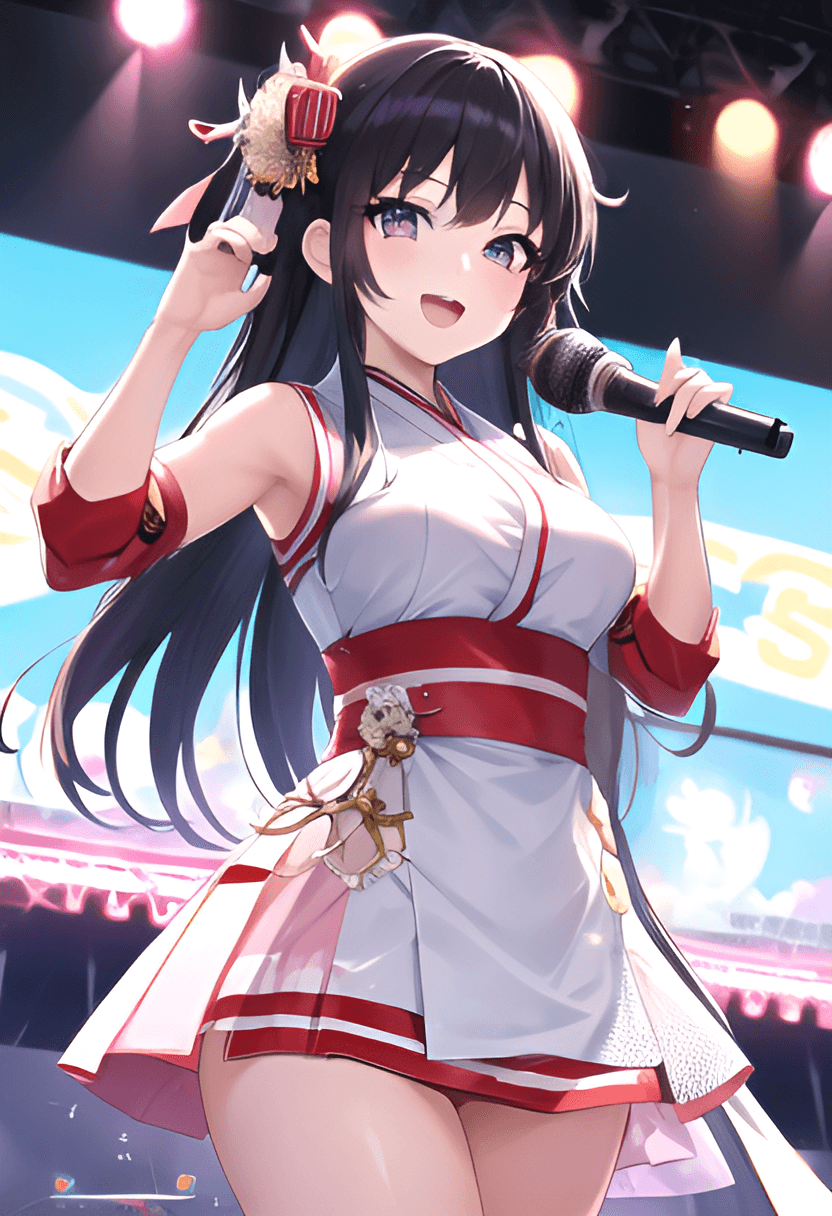 AI generated: An anime girl performing at a K-pop event, K-pop look, korean girl, holding a microphone, on a stage...