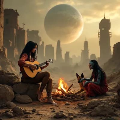 AI generated video: play guitar and the blue alien rekindle the fire