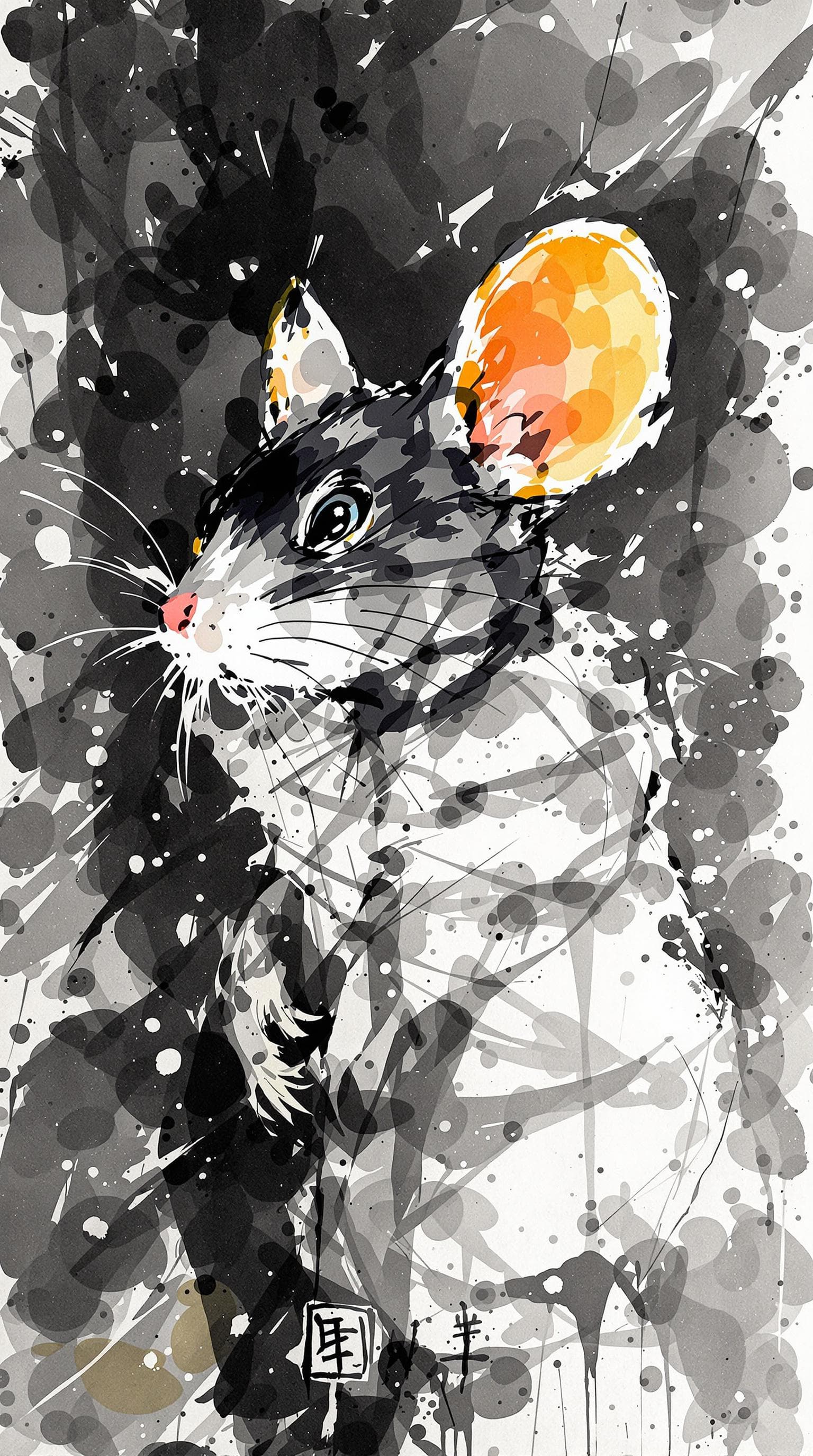 AI generated: Mouse, detailed,ink style,Ink splash art on the background,ink style,The whole is on the right，Ink w...