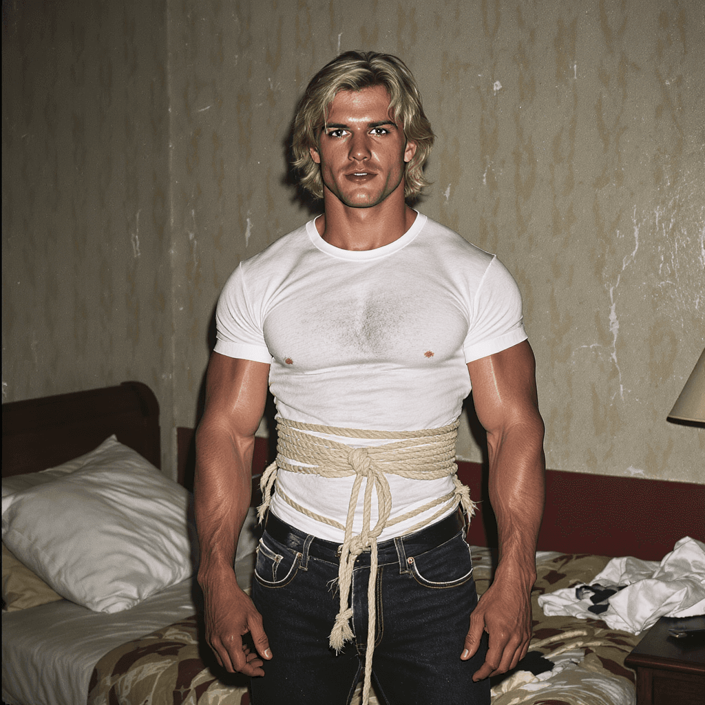 AI generated: 1980s gay man, very muscular, 20-year-old, blonde hair, wearing tight white tee shirt, tied up in ro...