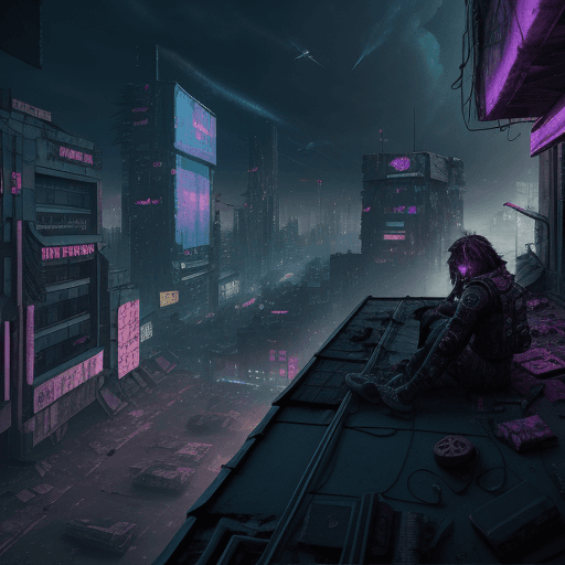 AI generated: someone takes drugs on a roof and in the background is a destroyed cyberpunk world, there also a par...