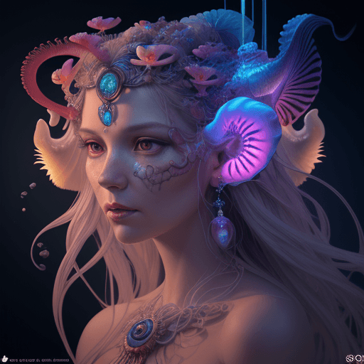 AI generated: Goddess close-up portrait ribcagel. jellyfish phoenix head, nautilus, orchid, skull, betta fish, bio...