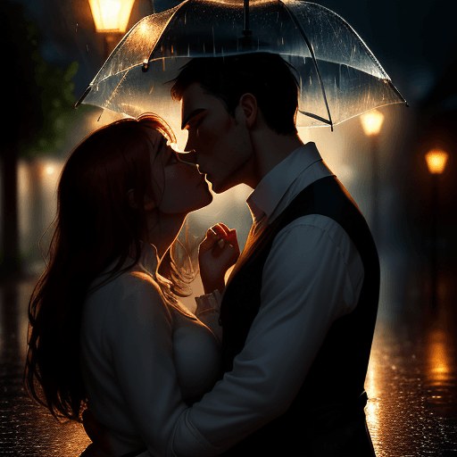 AI generated: A passionate and romantic encounter between a man and a woman, captured in a rainy village, their bo...