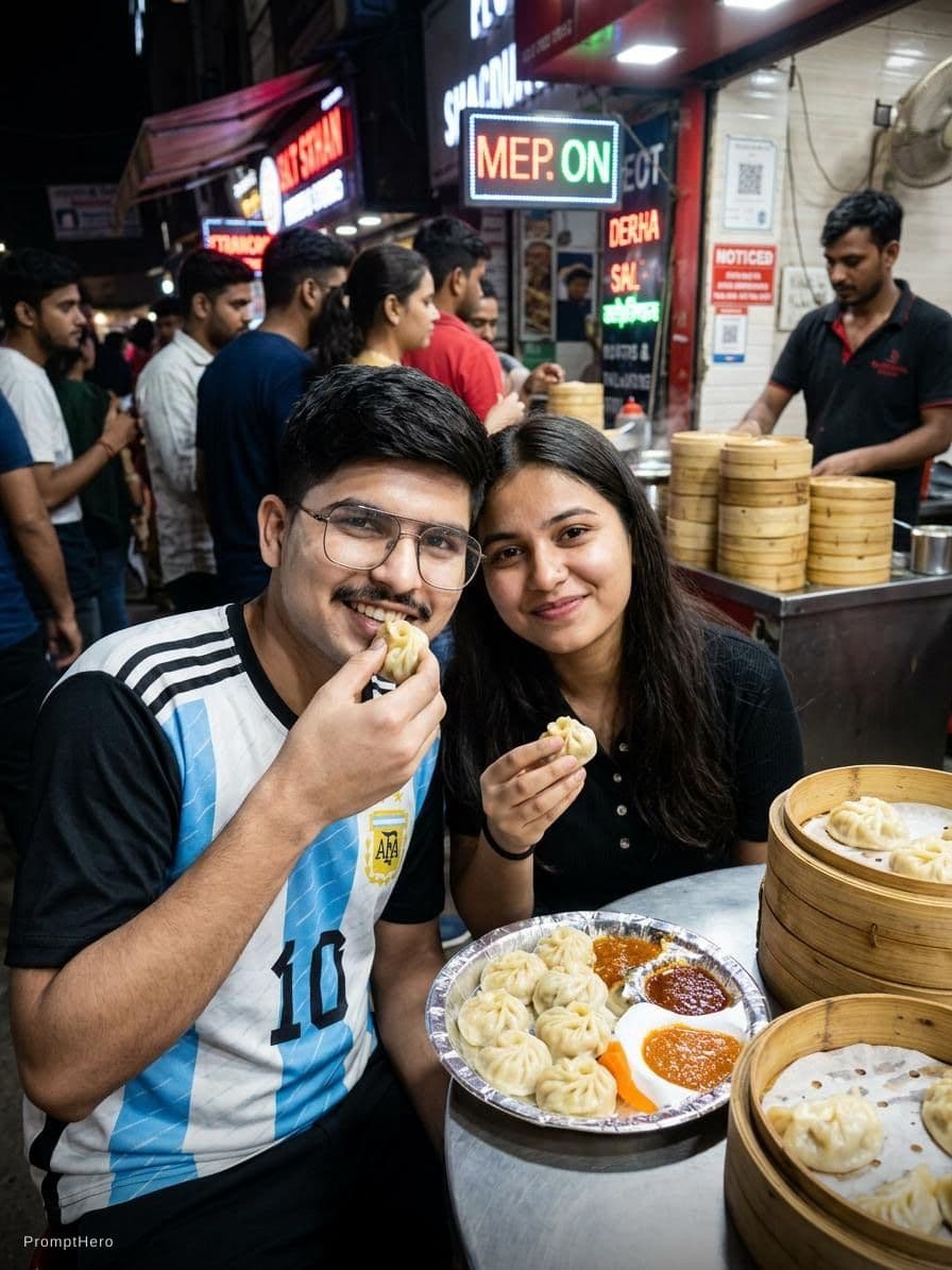 AI generated: Add my photo and remove  my taning 
with girl 
We eating momos in stall