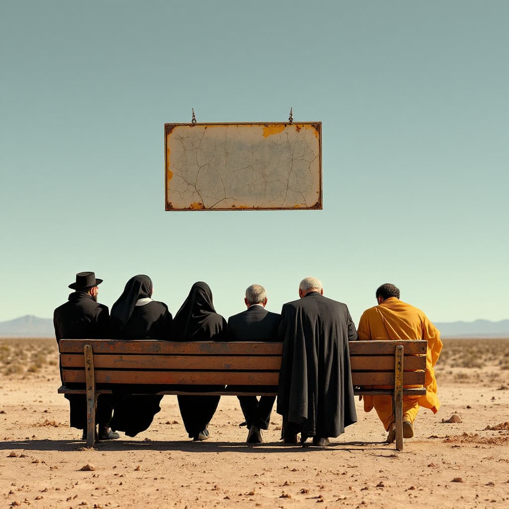 AI generated: Wide cinematic shot, taken from behind, in a vast, sun-scorched desert. A dilapidated, rusted bus st...