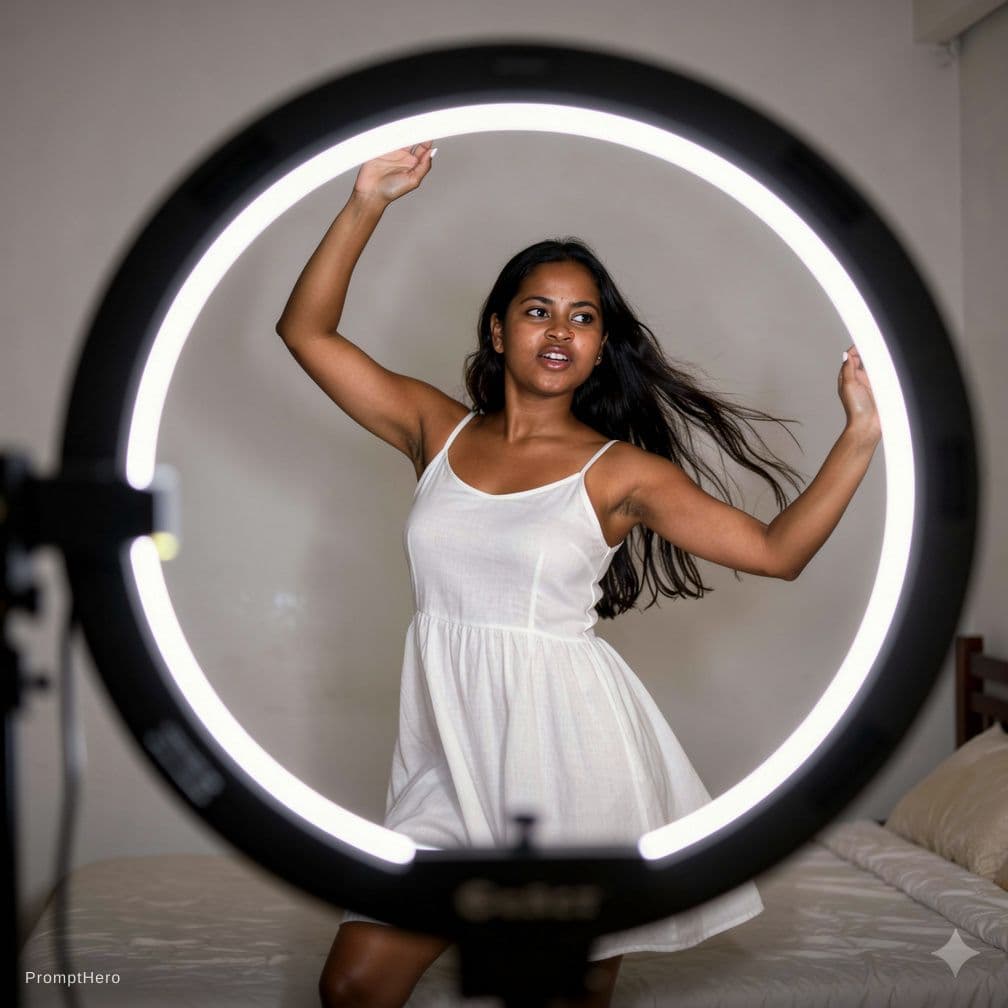 AI generated: the gorgeous model dances in front of a ring light doing sexy tik tok dances use my real face
