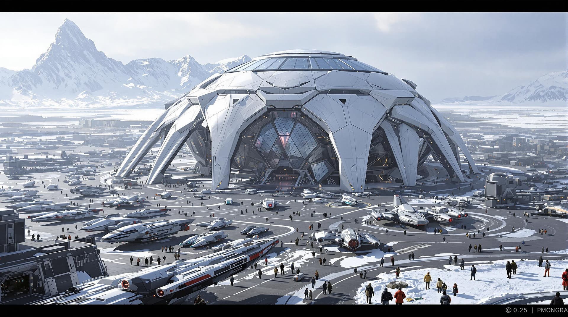 AI generated: A large spaceport with many spaceships parked, people walking around the area. In front of it is an ...