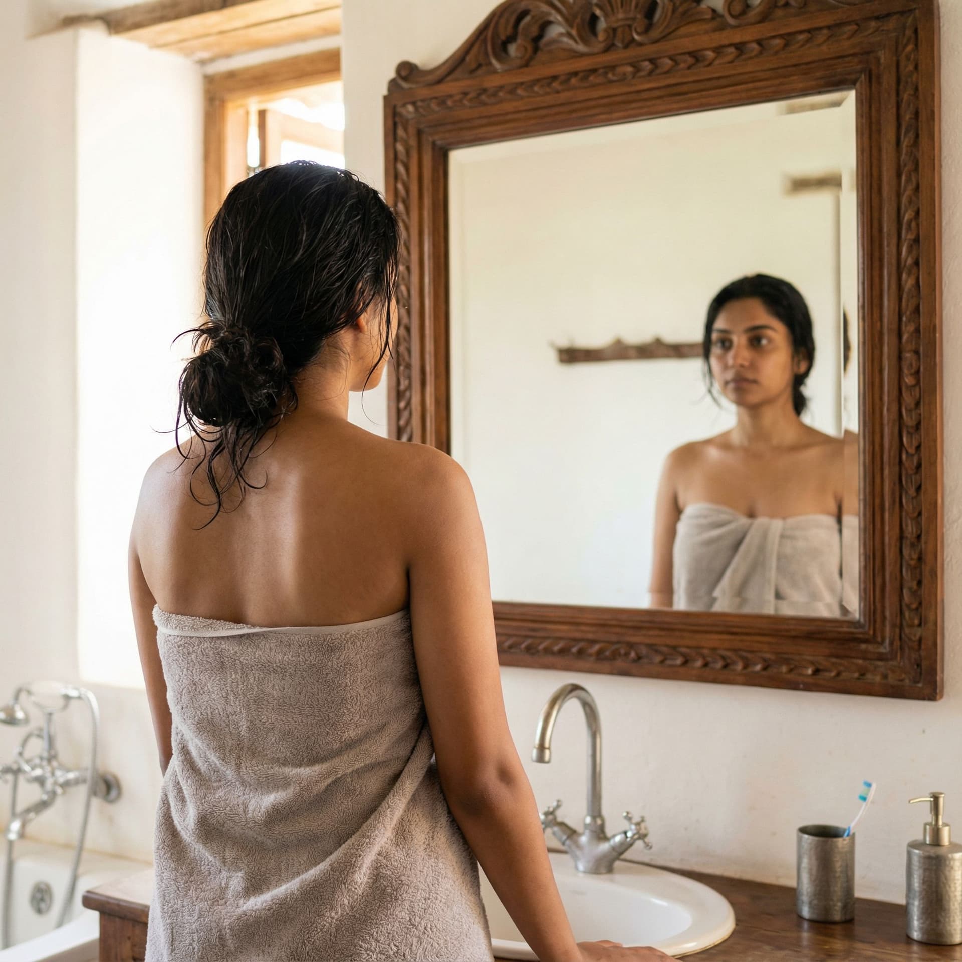 AI generated: young indian woman undressed, looking in front of mirror