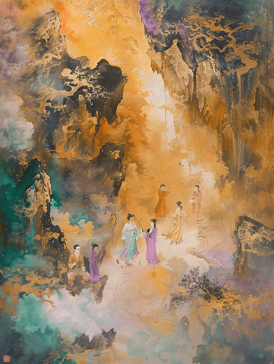 AI generated: Kizil Grottoes murals, paintings, heavy color paintings, 13 Bodhisattvas, dancing to music, fairy cl...