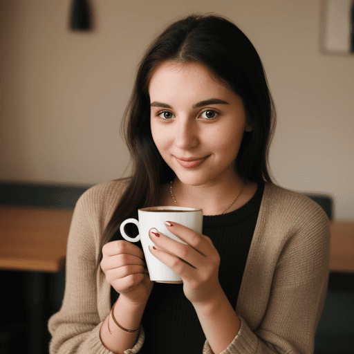 AI generated: 25 year old woman, holding a cup of coffee.