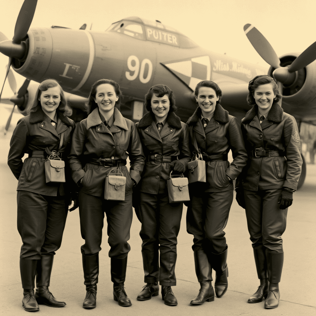 AI generated: This black-and-white photograph captures four women standing in front of a large, vintage aircraft, ...